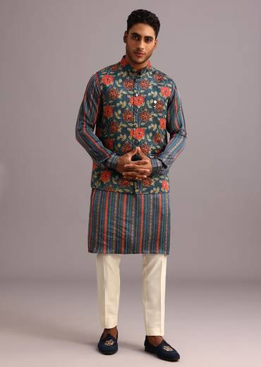 Blue Silk Floral And Stripe Print Jacket Kurta Set