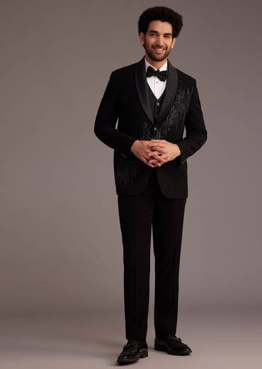 Black Tuxedo With Beaded Embellishments And Satin Lapel