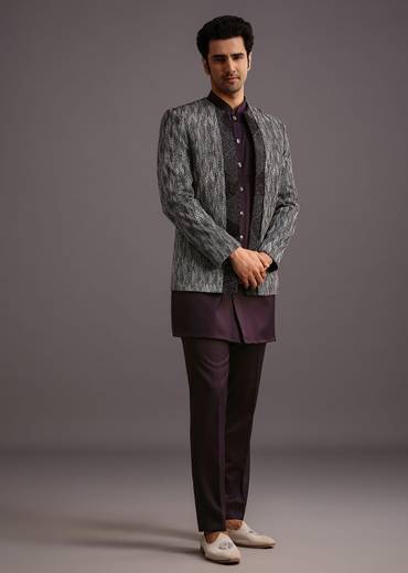 Purple Hand Work Jacket Kurta Set