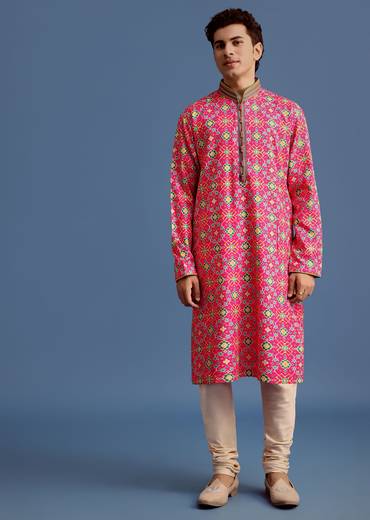 Pink Printed Pashmina Kurta Set For Men