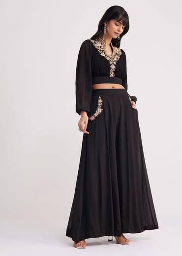Black Embroidered Croptop And Palazzo