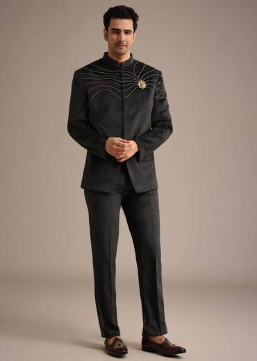 Black Embroidered Jodhpuri Set With Poth Work In Suede