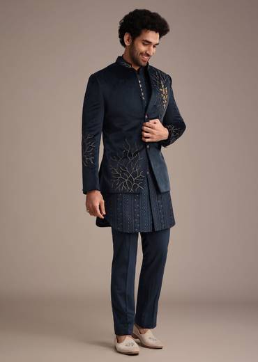 Blue Jacquard Kurta Jacket Set With Broach