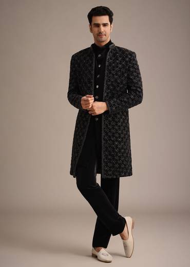 Black Velvet Indowestern Set With Sequin Work