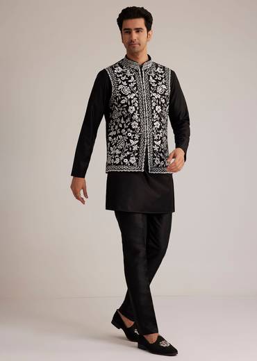 Black Silk Kurta Set With Embroidered Nehru Jacket