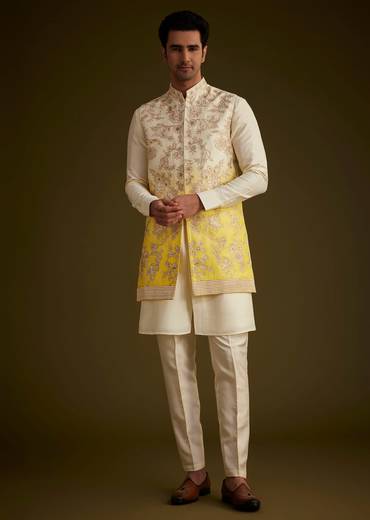 Ivory And Yellow Ombre Silk Jacket Set With Zari Work
