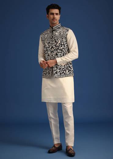 Black Silk Thread Work Jacket And Kurta Set