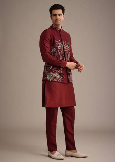 Red Jacket And Kurta Set In Silk With Resham Work