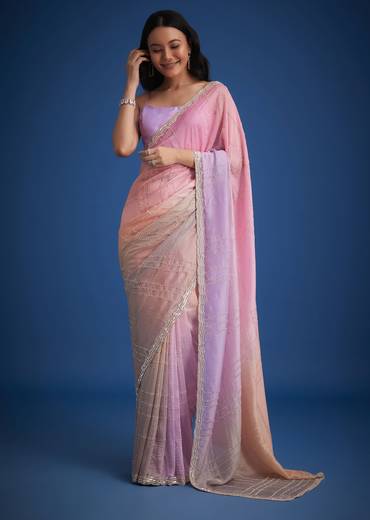 Lavender Shaded Soft Tissue Embroidered With Cudtana And Sequin Work