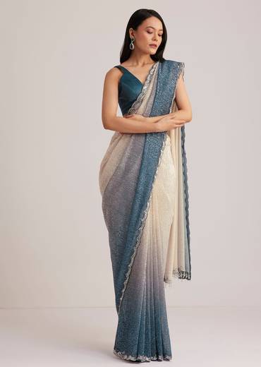 Peacock Blue Ombre Sequins Saree With Scalloped Embroidered Border