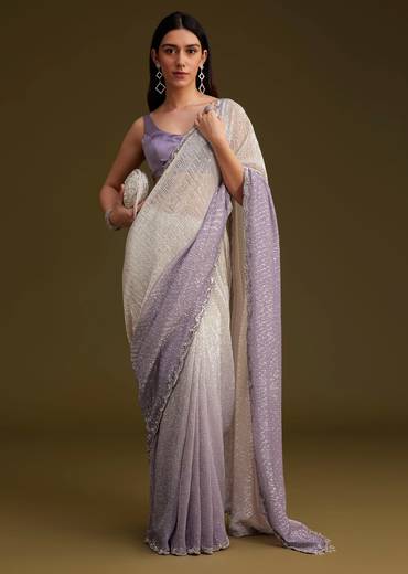 Lavender Ombre Sequins Saree With Scallop Embroidery Border