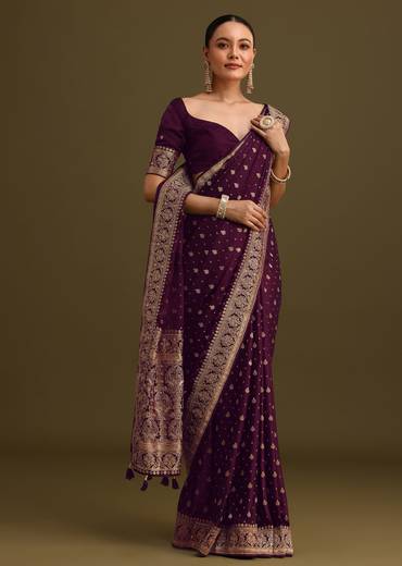 Purple Embroidered Saree With Zardosi Work And Unstitched Blouse