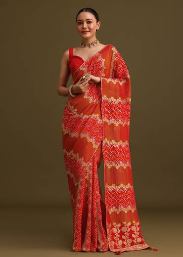 Red Khaddi Georgette Saree With Gotta Patti Border And Unstitched Blouse