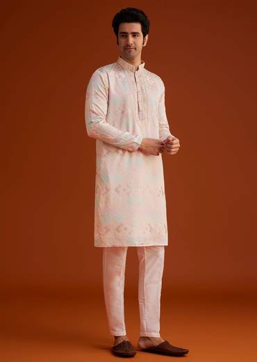 Beige Printed Silk Kurta Set Hand Embellishments