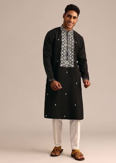 Black Silk Kurta Set With Hand Embroidered Yoke