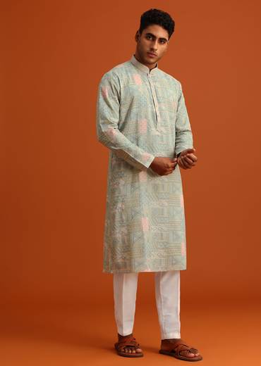 Pista Green Silk Kurta Set With Printed Detail