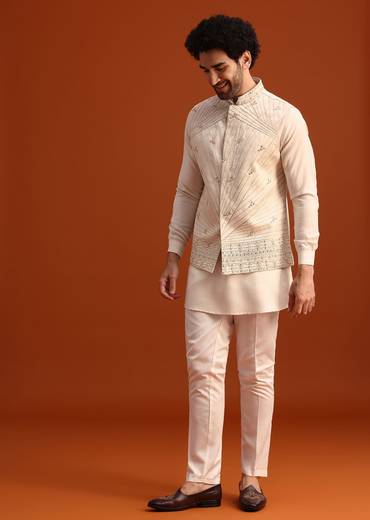 Beige Linen Silk Jacket Kurta And Jacket Set With Mirror Work