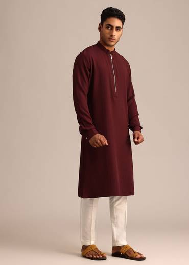 Red Kurta Set With Mandarin Collar
