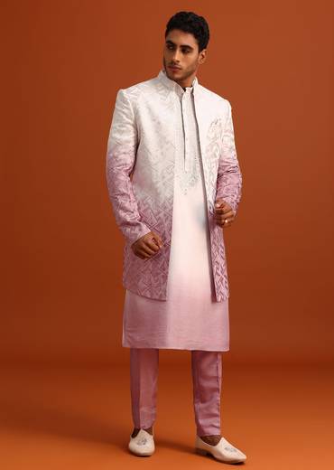 Pink Ombre Sherwani And Kurta Set With Resham Work