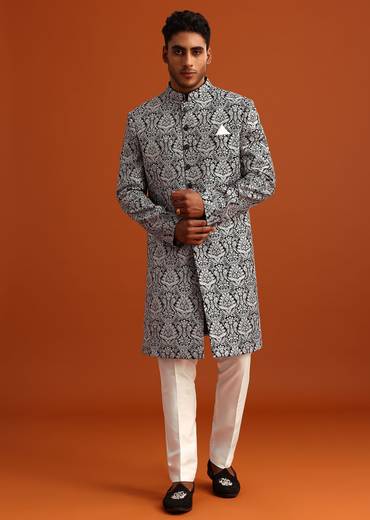 Black Velvet Sherwani And Kurta Set With Kashmiri Work