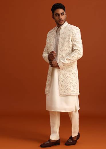 Beige Cotton Silk Sherwani Set With Hand Work