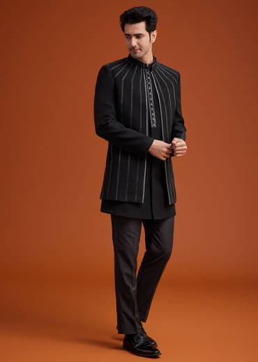 Black Open Sherwani Set with Linear Bead and Sequin Detailing