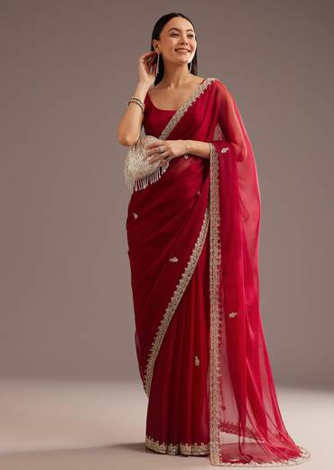 Red Organza Saree With Cutdana And Sequins Border