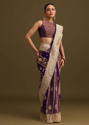 Purple Dual Shaded Khaddi Georgette Saree With Zari Brocade Pallu Border