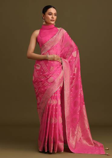 Pink Brocade Zari Weave Saree With Unstitched Blouse