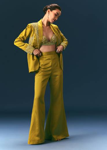 Mehendi Green Hand Embroidered Blouse With Jacket And Bell Bottom Pants