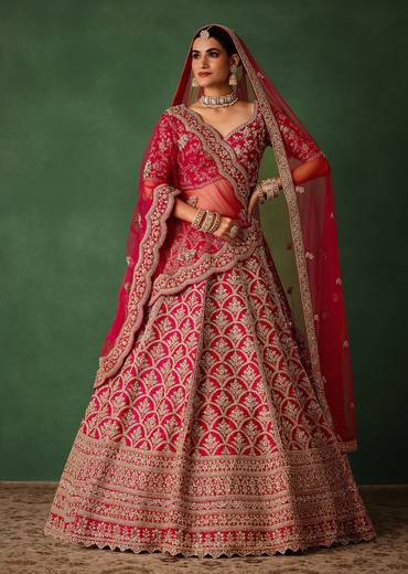 Cherry Red Raw Silk Hand Embroidered Lehenga Set With Net Dupatta