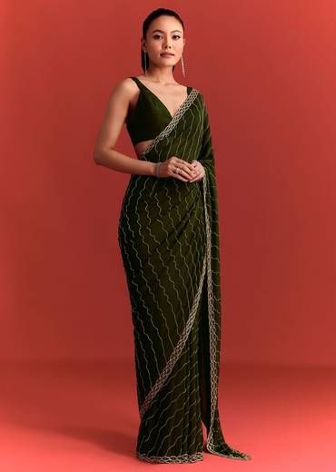 Olive Green Chinnon Saree With Cutdana Work