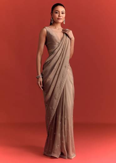 Beige Crepe Silk Saree With Cutdana Work