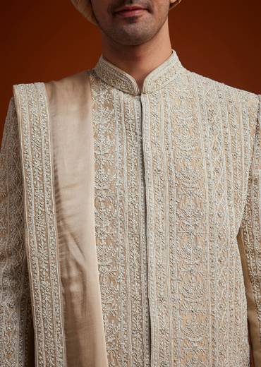 Faun Sherwani Set With Dori And Thread Embroidery