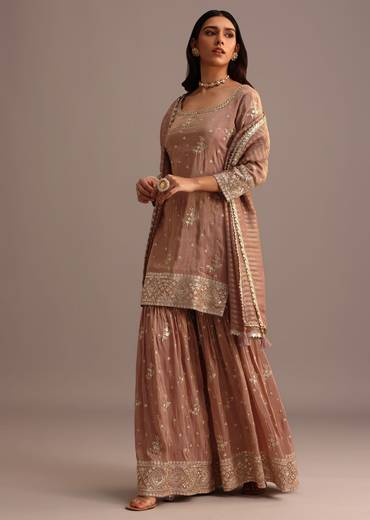 Purple Mauve Sequins Kurti Sharara Set With Chanderi Banarasi Dupatta