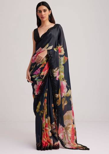 Black Floral Printed Satin Saree With Sequins Lace Border
