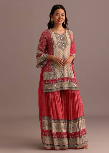 Pink Printed Kurti Sharara Suit With Chiffon Dupatta