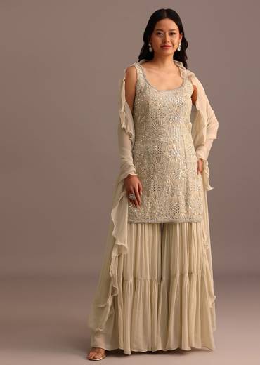 Beige Embroidered Sharara Set With Dupatta