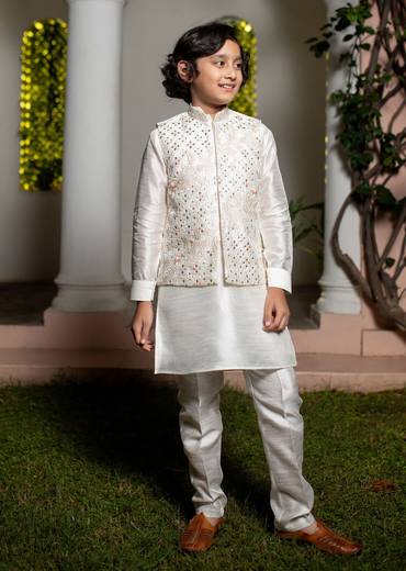 Off White Silk Embroidered Kurta Jacket Set