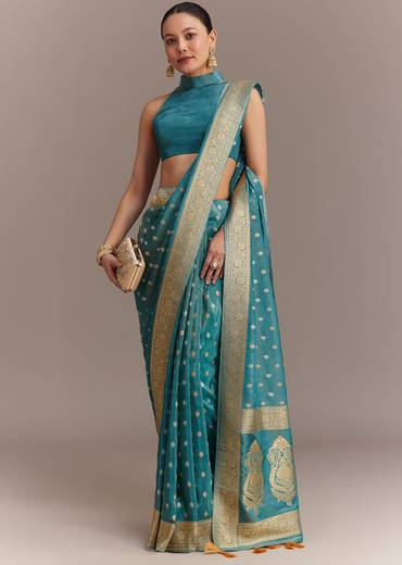 Blue Tissue Silk Saree With Zari Border Butti And Pallu