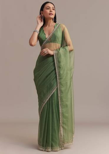 Green Organza Saree With Sequins And Cutdana Embellished Border