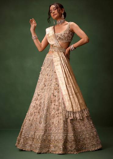 Gold Beige Chanderi Silk Lehenga Set With Embroidered Jacket And Dupatta