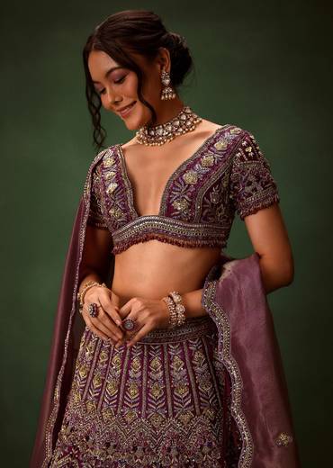 Deep Purple Raw Silk Lehenga Set