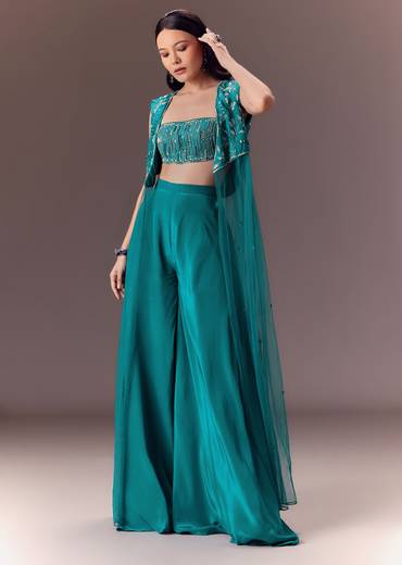 Blue Asymmetric Embroidered Jacket With Blouse And Palazzo Pants