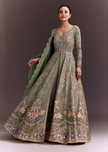 Green Ombre Embroidered Anarkali With Organza Dupatta