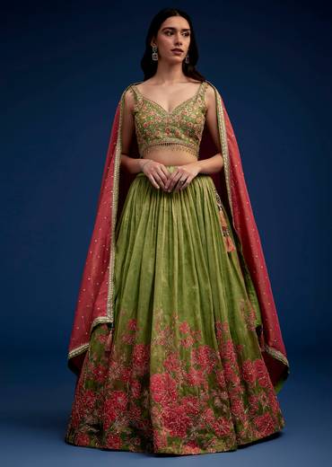 Rust Green Embroidered Lehenga Choli Set With Dupatta