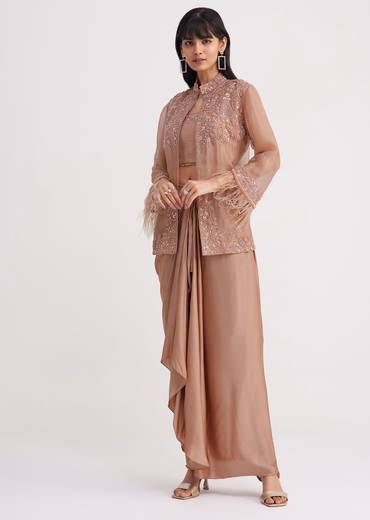 Hazelnut Beige Crop Top And Skirt With Embroidered Jacket