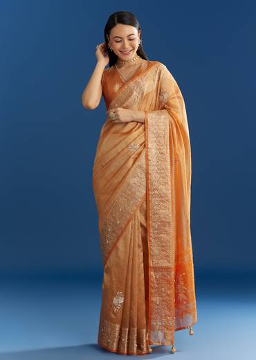 Orange Organza Tissue Saree With Zari Brocade Border
