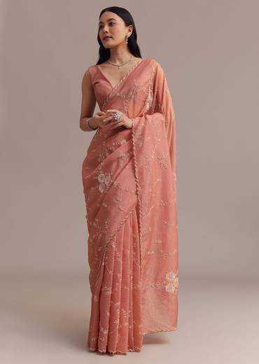 Peach Crushed Tissue Saree With Cutdana And Sequins Jaal Work