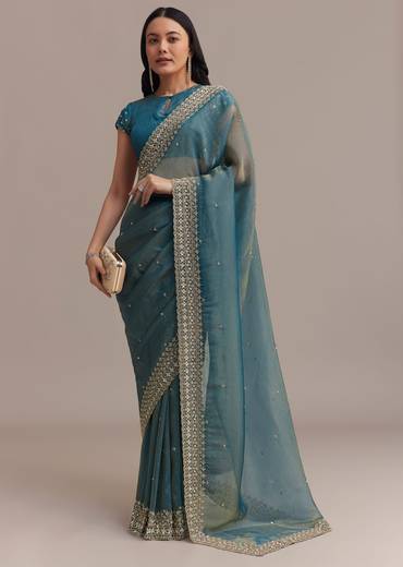 Blue Crushed Tissue Saree With Scallop Embellished Border